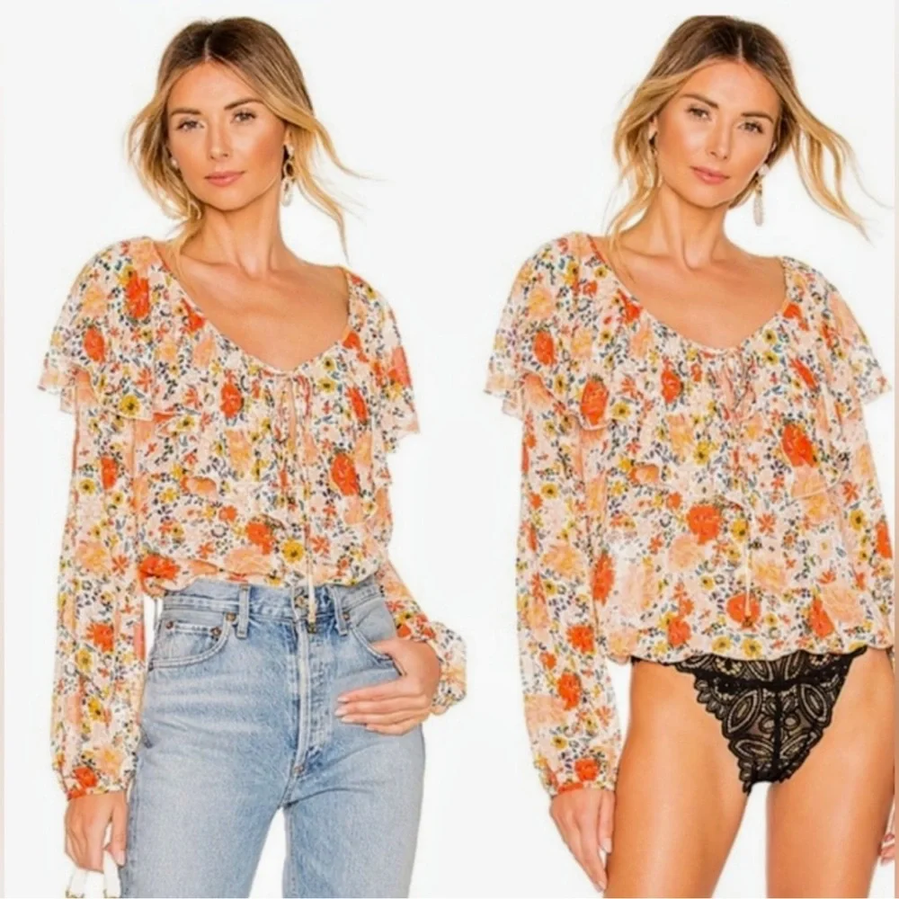 Free People Intimately Free Say It To Me Orange and Cream Bodysuit-Floral Blouse